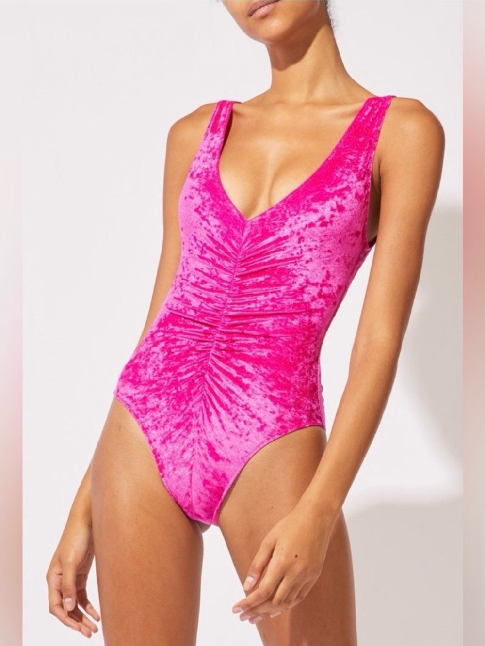 Solid & Stripes Lucia Velvet Ruched Pink One-Piece Swimsuit. Medium